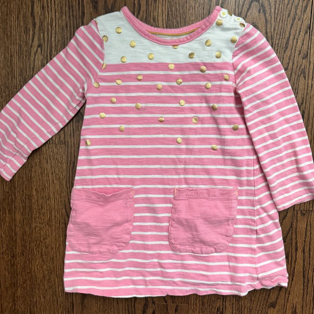 Mini Boden Girls’ Long Sleeve Striped & Polka Dot Tunic Dress - 2-3Y - Pink&Gold
